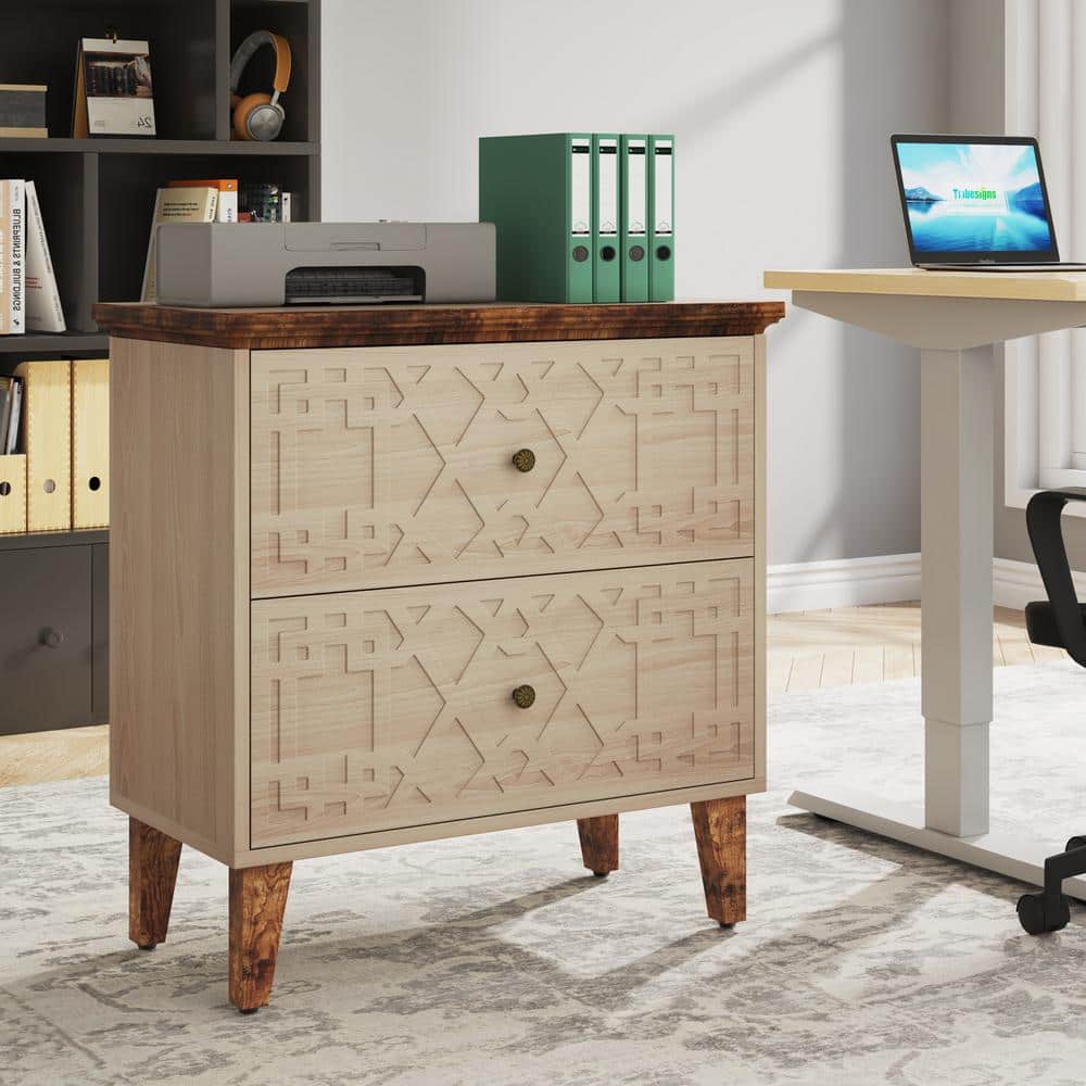 Beige and Brown 2-Drawer Wooden Legal Size File Cabinet