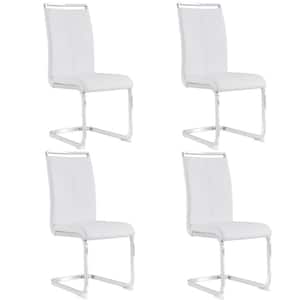 Modern White PU Faux Leather High Back Upholstered Chair with C-Shaped Tube Chrome Metal Legs for Dining Room (Set of 4)