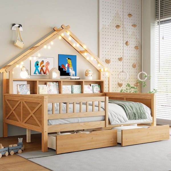 Wooden Natural Full Kids House Bed Frame with LED, Drawers and Guardrail