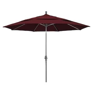 11 ft. Hammertone Grey Aluminum Market Patio Umbrella with Crank Lift in Burgundy Pacifica