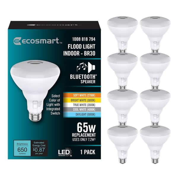65-Watt Equivalent BR30 Reflector Dimmable Bluetooth Speaker LED Flood Light Bulb Adjustable White (8-Pack)