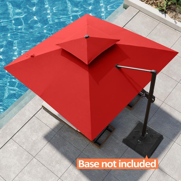 Pellebant Double Top 11 ft. x 11 ft. Square Aluminum Heavy-Duty 360° Rotation Cantilever Patio Umbrella in Red
