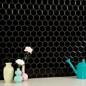 Black Hexagon 11.63 in. x 12.75 in. x 6 mm Glossy Porcelain Mosaic Tile (14.4 sq. ft. / case)