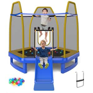 7 ft. Kids Recreational Trampoline w/Ladder & Slide Ocean Ball Indoor Outdoor ASTM Blue