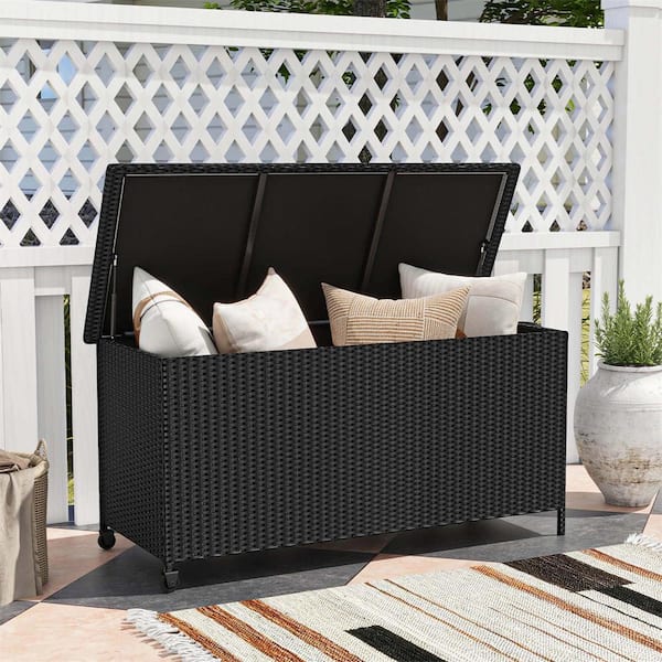 85 Gal. Black Rattan Deck Box with Waterproof Liner Universal Wheels and Gas Strut