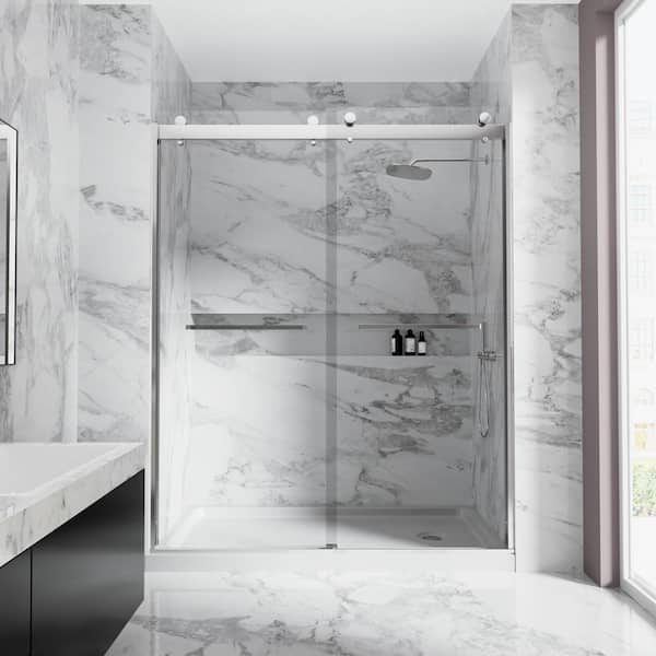 NANAWO 60 in. W x 74 in. H Double Sliding Frameless Shower Door in Brushed Nickel with 5/16 in. Clear Tempered Glass