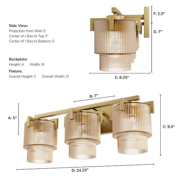 Hunter - Ontario 24.25 in. 3-Light Luxe Gold Vanity Light with Amber Ribbed Glass Shades