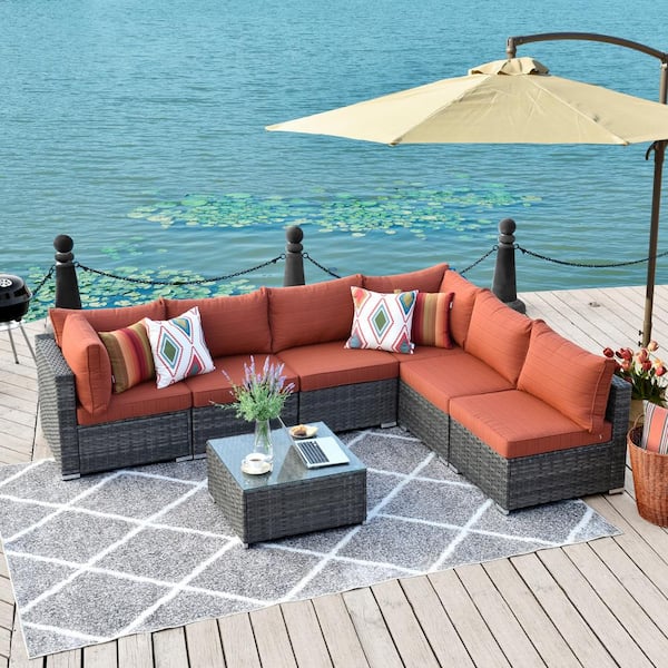 XIZZI Arctic 7-Piece Wicker Outdoor Sectional Set with Orange Red Cushions