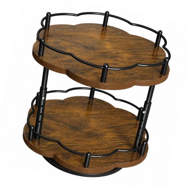 2-Tier Brown and Black Adjustable Height Lazy Susan, Spice Rack, Lazy Turntable Spice Organizer for Cabinet