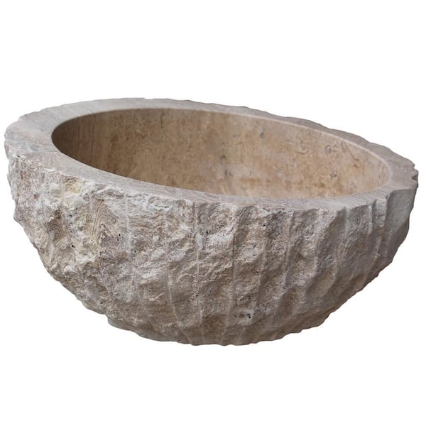 TashMart Angled Chiseled Natural Stone Vessel Sink in Almond Brown