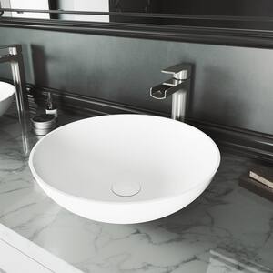 Matte Stone Lotus Composite Round Vessel Bathroom Sink in White with Amada Faucet in Brushed Nickel and Pop-Up Drain