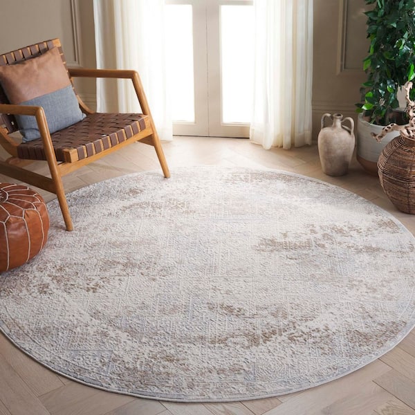 Hanna 7 ft. x 7 ft. Ivory Gray/Beige Distressed Ornate Border Round Area Rug
