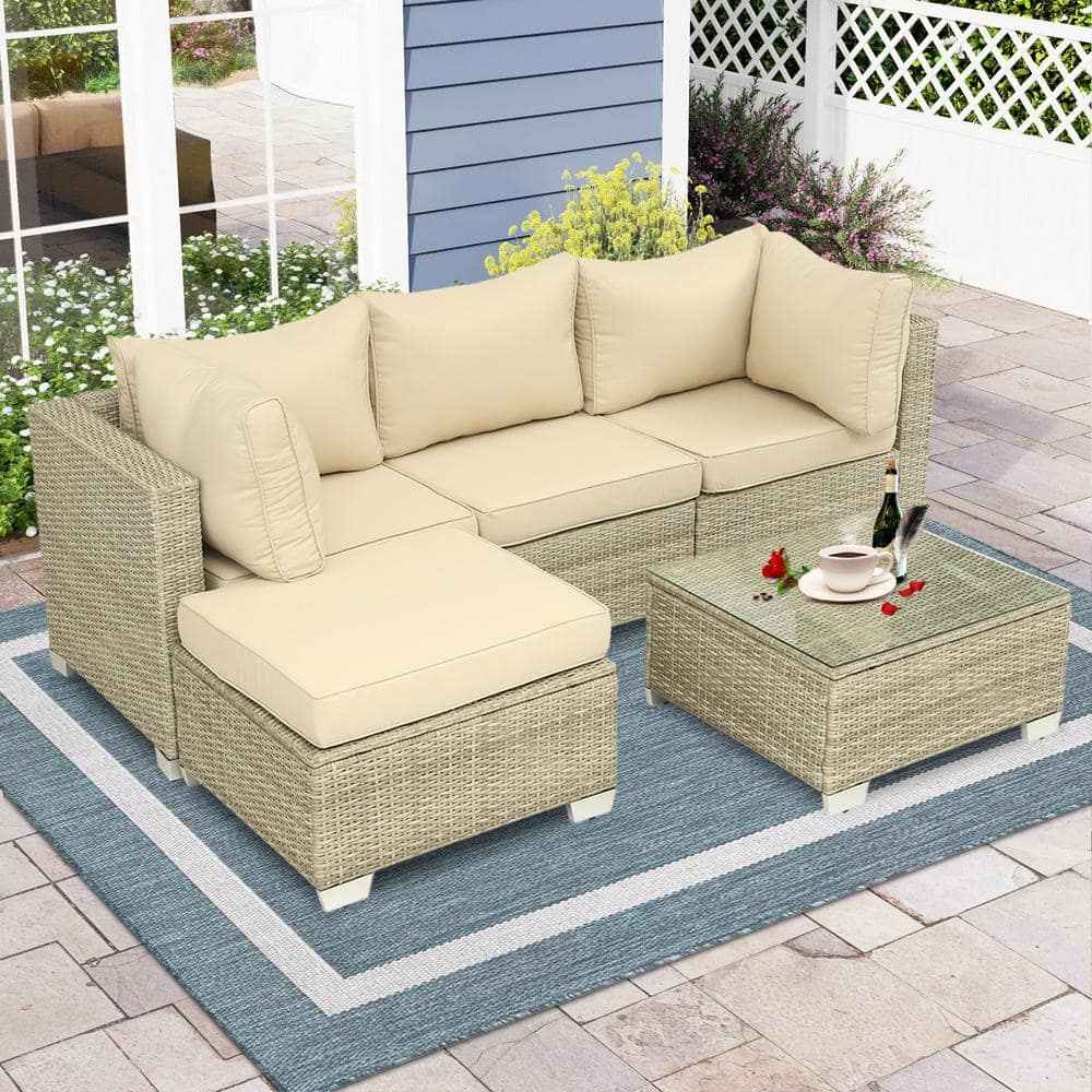 5-Piece Gray Wicker Outdoor Sectional Set with Table and Field Gray Cushion