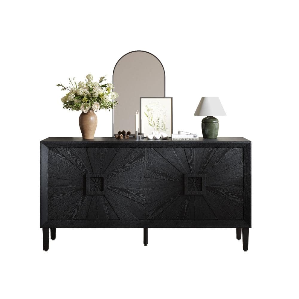 Black Wood Buffet with Sunburst Door Design, Adjustable Shelves, Heavy-Duty 200lbs Top, Farmhouse TV Stand price history on PriceWatchPro