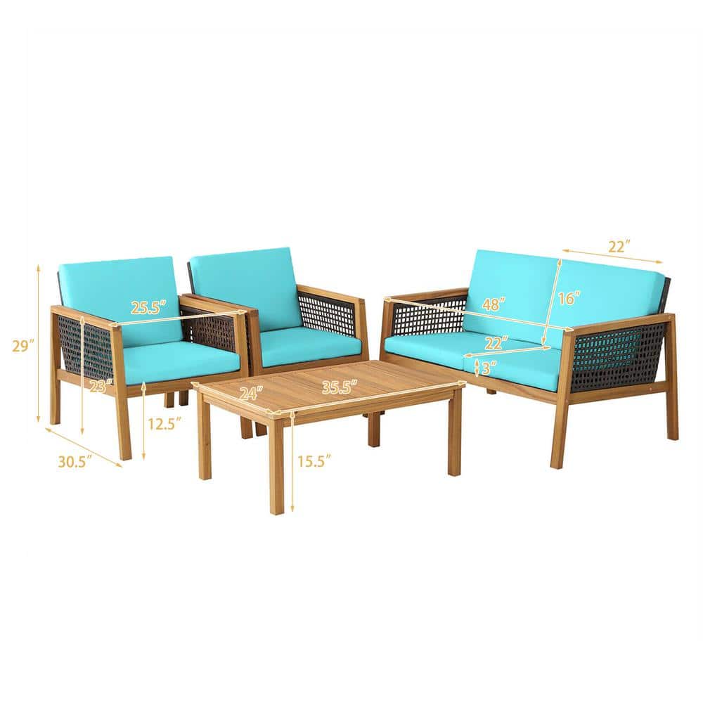 Turquoise 4-Piece Acacia Wood and PE Rattan Patio Set