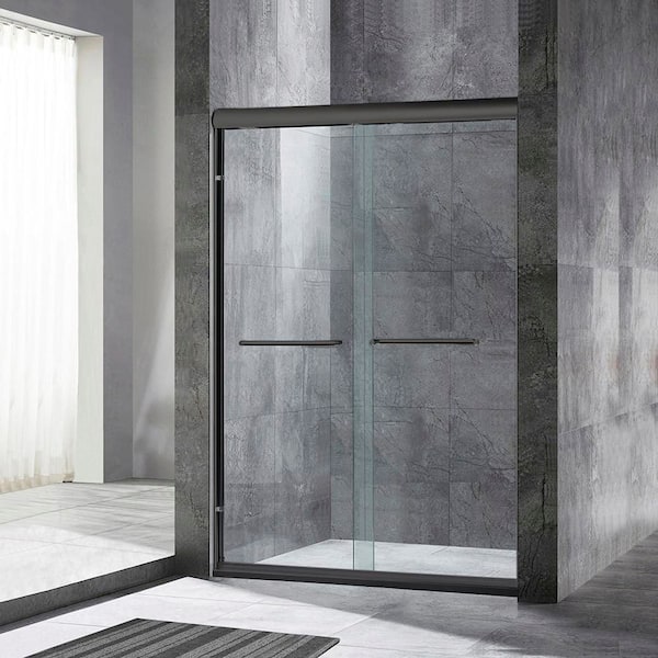 44-48 in. W x 72 in. H Double Sliding Semi Frameless Shower Door in Matte Black Finish with 5/16 in. (8mm) Clear Glass