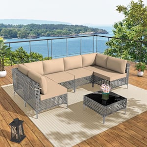 7-Piece Gray Wicker Outdoor Furniture Sectional Set, with Glass Coffee Table and Sand Cushions