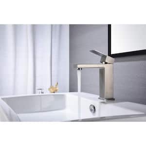 Modern Single Handle Single Hole Bathroom Faucet with Deckplate Included, Hot/Cold Indicator, Stainless Steel in Nickel
