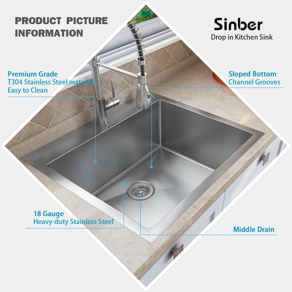 Sarlai 25 Kitchen Sink Drop-In Workstation - 25 X 22 Inch Topmount Ledge Stainless Steel 16 Gauge Single Bowl Over Counter For Kitchen, Laundry, Utility Room - View #10