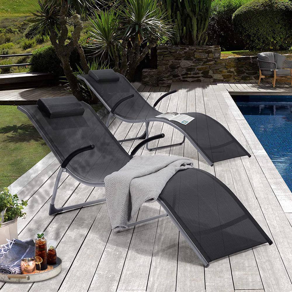 Black, 2 of Pieces, Sling Fabric Outdoor Chaise Lounge with Detachable Blac