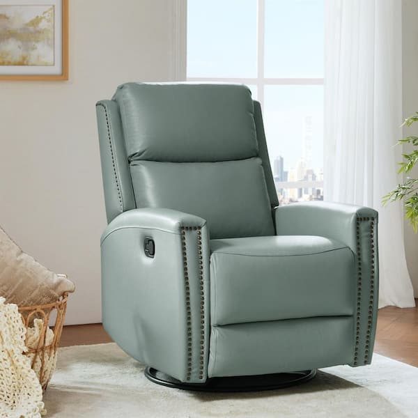 Savino Minimalist design 30.31 in. Wide Genuine Leather Swivel Rocker Recliner with Nailhead Trim and Tufted Back -Sage