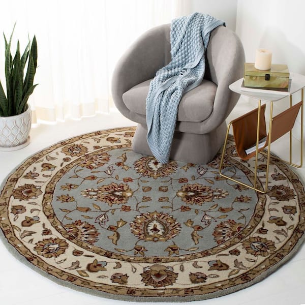 Total Performance 8 ft. x 8 ft. Light Blue/Ivory Floral Border Round Area Rug