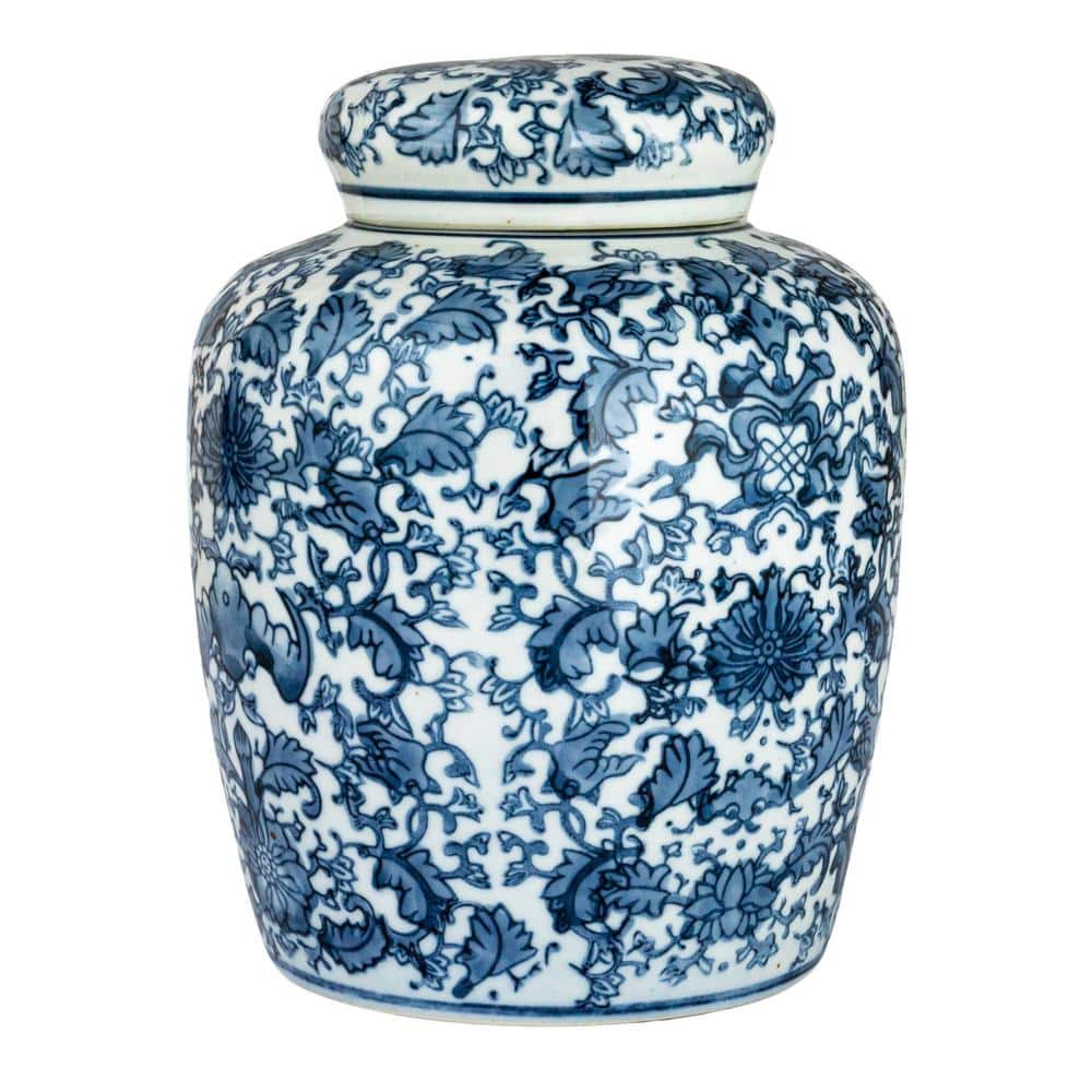 Blue and White Floral Ceramic Ginger Jar with Lid