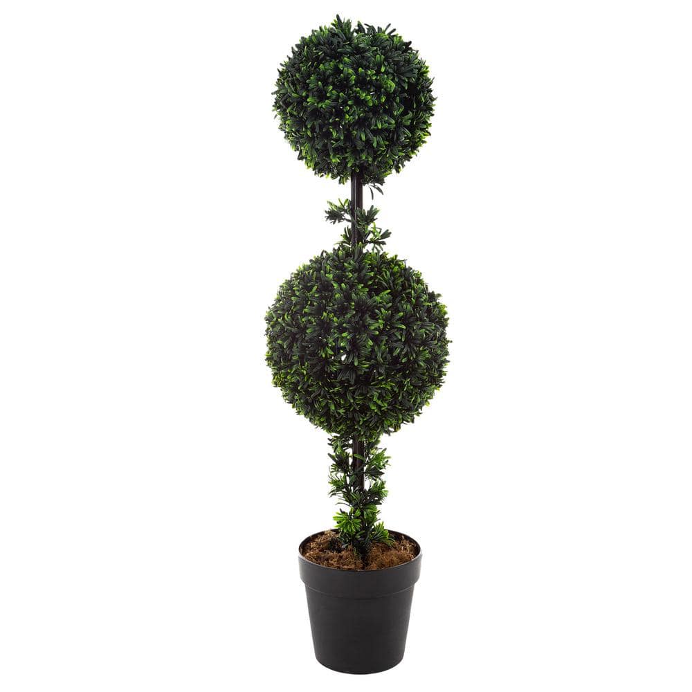 36-Inch Double Ball Podocarpus Faux Plant in Gray Plastic Pot