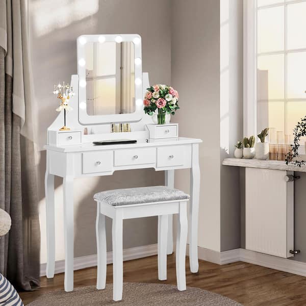 Vanity Dressing Table Set with 10 Dimmable Bulbs and Cushioned Stool White