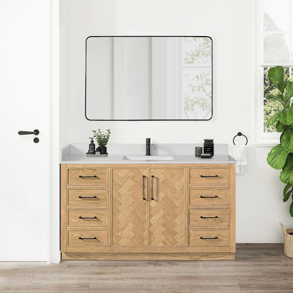 ROSWELL Jakarta 60 in.W x 22 in.D x 33.9 in.H Single Bath Vanity in Oak Weathering Light Brown with Silk White Quartz Stone Top