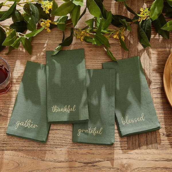 Harvest Sentiment Embroidered Napkins, Set of 4, Green - 17"W x 17"L