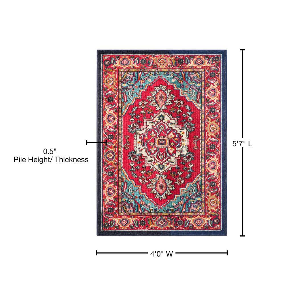 Red and Turquoise Floral Synthetic Area Rug