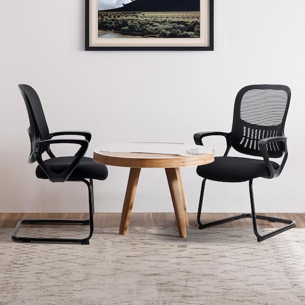 WONDER COMFORT Stationary Mesh Office Lumbar Support Reception Guest Chair in Black with Sled-Base or Home Conference Room (2-Pack）