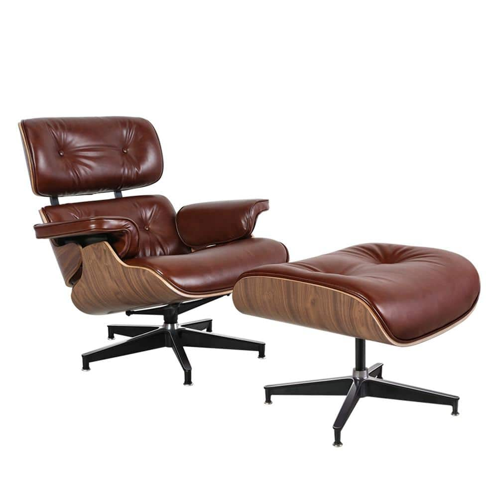 brown leather chair and footstool