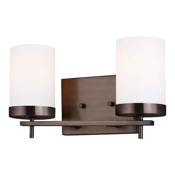 Generation Lighting Zire 14 in. W 2-Light Brushed Oil Rubbed Bronze Bathroom Vanity Light with Etched White Glass Shades