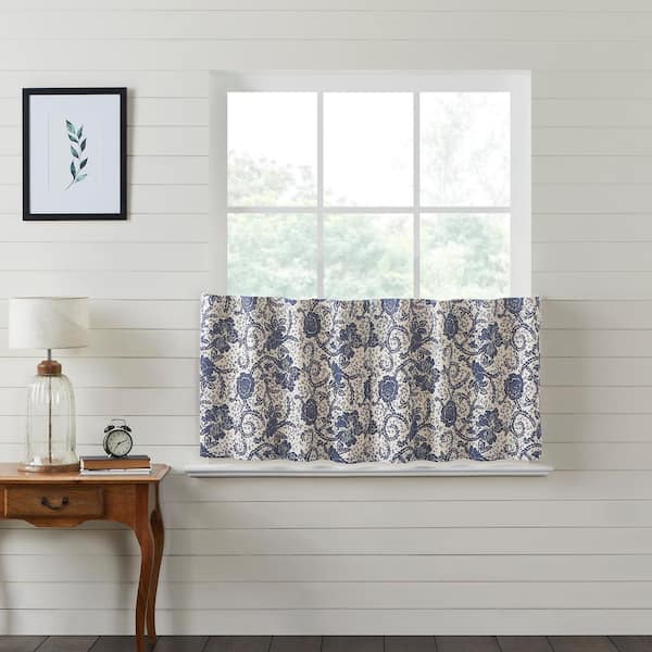 VHC BRANDS Dorset 36 in. W x 24 in. L Vintage Floral Light Filtering Tier Window Panel in Navy Creme Pair