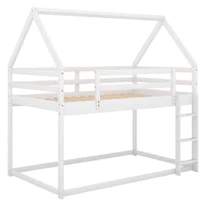 White-a Wood Twin Over Twin Low Bunk Bed, House Bed with Ladder