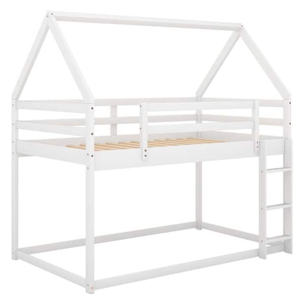 VERYKE White-a Wood Twin Over Twin Low Bunk Bed, House Bed with Ladder