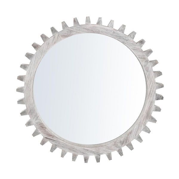 IDEAGLE 42 in. W x 42 in. H Oval Wood Frame White Wall Mirror, Hanging Gear Shape Decorative Mirror for Bathroom Living Room