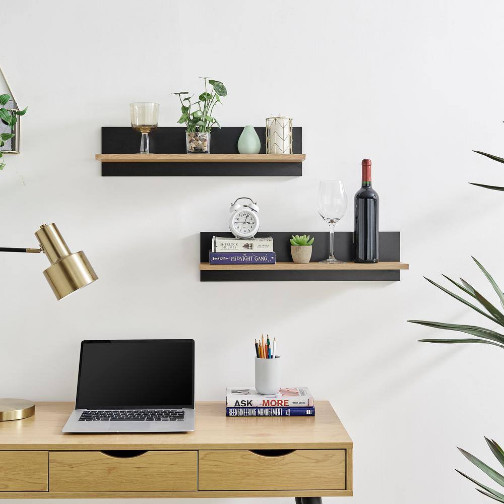 Chestnut and Black Wood Floating Wall Shelves Set of 2