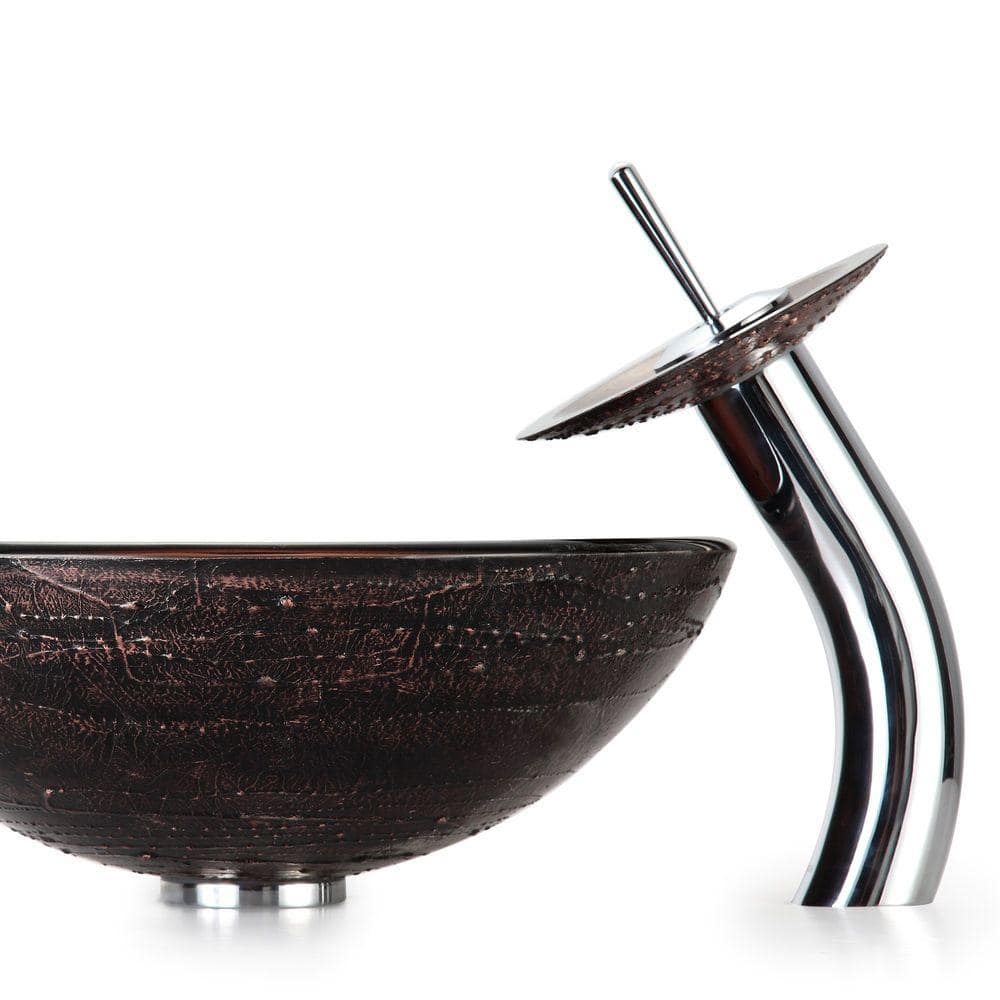 Copper Brown Glass Vessel Sink with Chrome Waterfall Faucet
