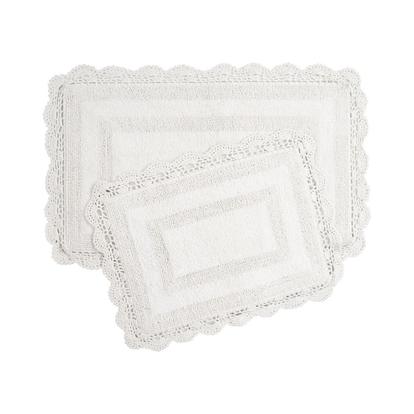 Crochet White 21 in. x 34 in. Solid 100% Cotton 2-Piece Bath Rug Set