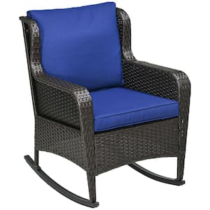 Wicker Outdoor Rocking Chair 352 lbs. Patio Rocker Metal Frame Furniture Blue with Thick Cushion for Balcony Porch, Deck