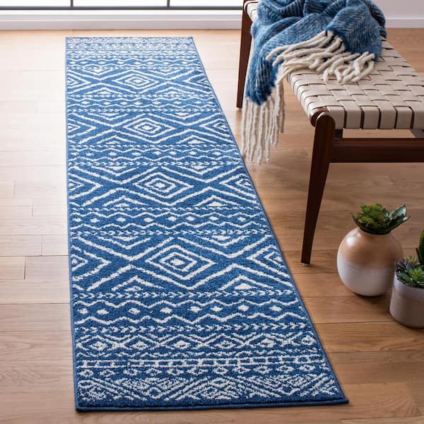 Tulum Navy/Ivory 2 ft. x 9 ft. Striped Geometric Diamonds Runner Rug