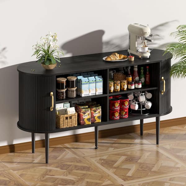Black MDF 54.3 in. W Sideboard Storage Cabinet Buffet with Sliding Tambour Panel Doors