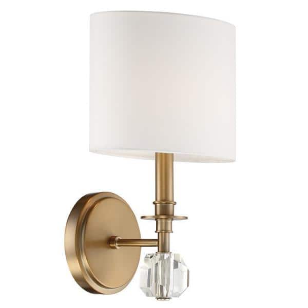 Aged Brass Sconce with White Silk Shade and Crystal Accent