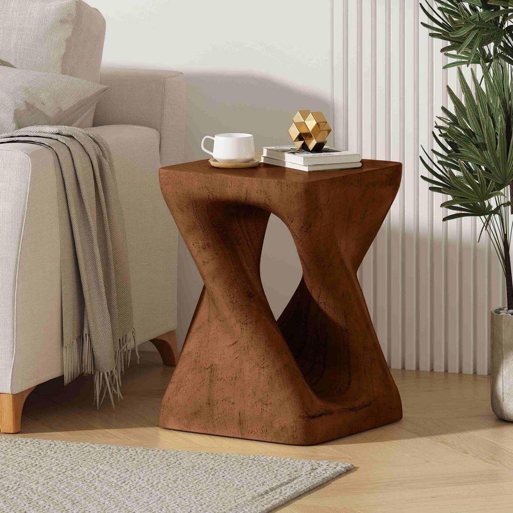 Antique brown twist-shaped side table next to a sofa