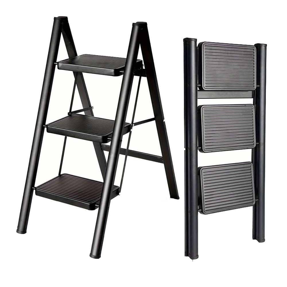 3-Step 3 ft. Reach Ladder Aluminum Light Folding Step Ladder, Wide Non-Slip