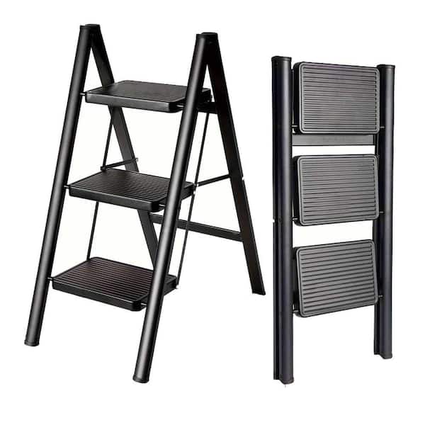 Unbranded 3-Step 3 ft. Reach Ladder Aluminum Light Folding Step Ladder, Wide Non-Slip Pedal 300 lb Capacity Home Ladder, Black