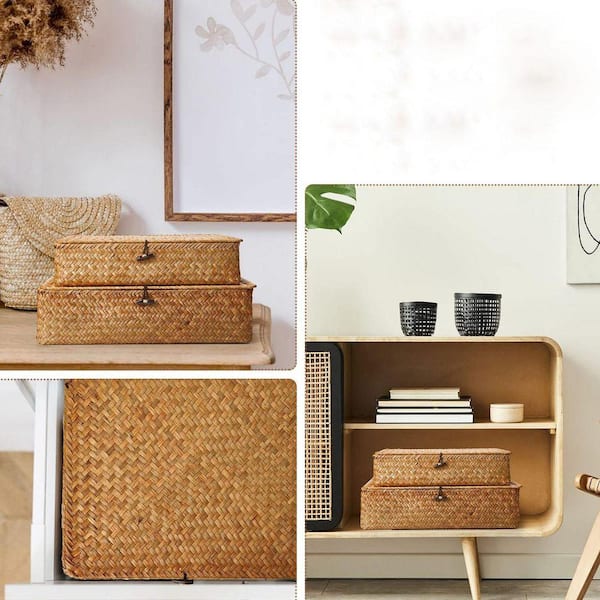 Brown 14 in. x 4 in. Wicker Decorative Box with Lids Set of 4
